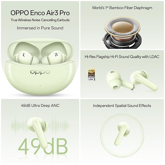 OPPO Enco Air3 Pro True Wireless in Ear Earbuds with Industry First Composite Bamboo Fiber, 49dB ANC, 30H Playtime (Green)