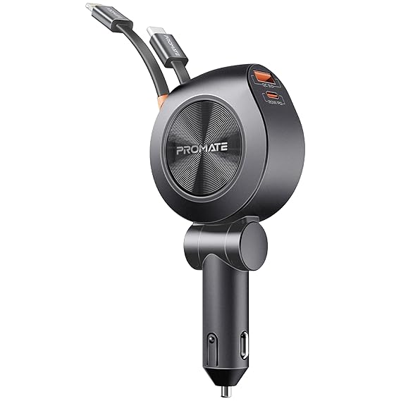 Promate Multi-Port Car Charger with Retractable PD30W USB-C and PD20W Lightning Cables, 20W USB-C, 18W Quick Charge Ports