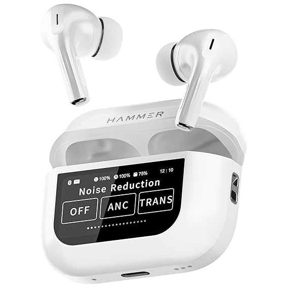 HAMMER Screen TWS, ANC (32dB), Smart Touch Display True Wireless Buds, Type-C Fast Charging, Bv5.4 (White)