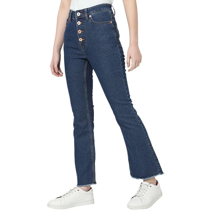VERO MODA Solid Cotton Blend Bootcut Fit High Rise Women's Jeans