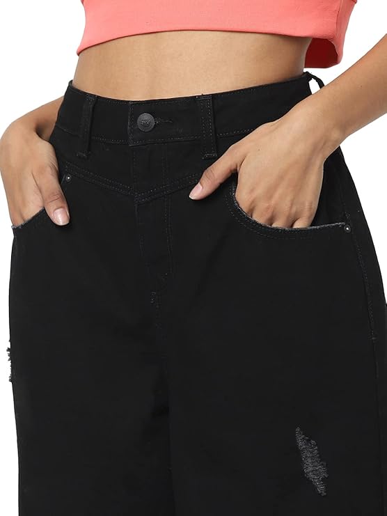 ONLY Women High Rise Mom-Fit Distressed Jeans | Baggy Fit Jeans for Women