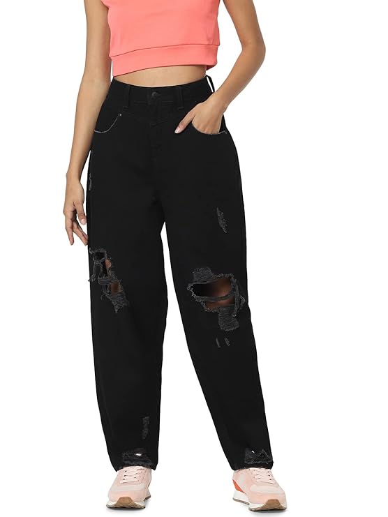 ONLY Women High Rise Mom-Fit Distressed Jeans | Baggy Fit Jeans for Women