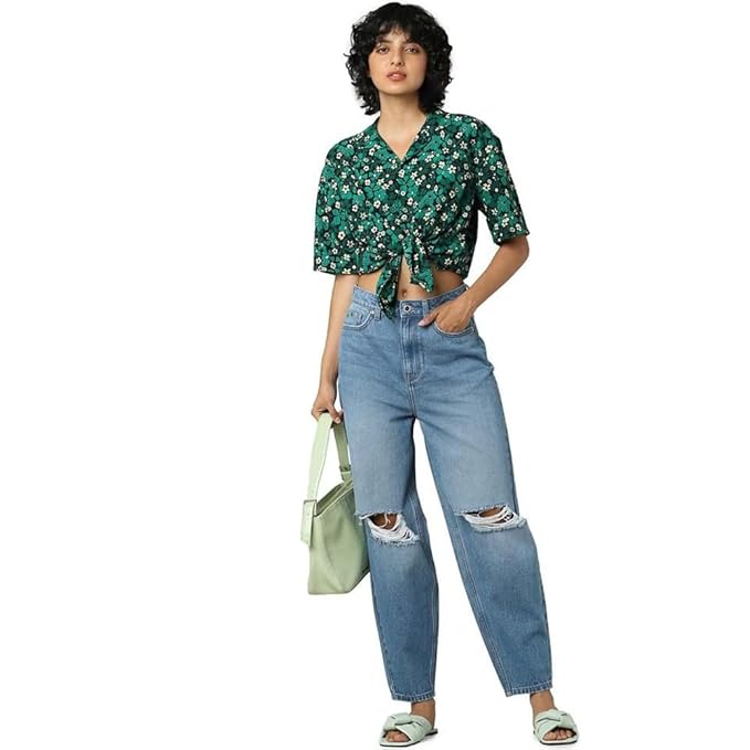 ONLY Women High Rise Relaxed Fit Highly Distressed|Light Fade Jeans