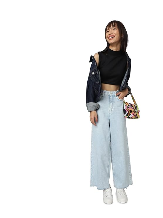 ONLY Women High-Rise Clean Look Heavy Fade Wide Leg Cotton Jeans