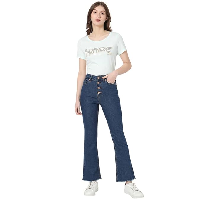 VERO MODA Solid Cotton Blend Bootcut Fit High Rise Women's Jeans