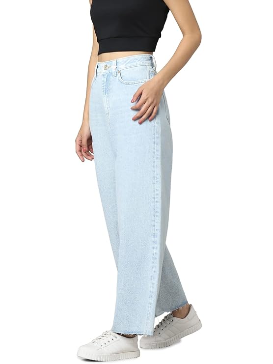 ONLY Women High-Rise Clean Look Heavy Fade Wide Leg Cotton Jeans