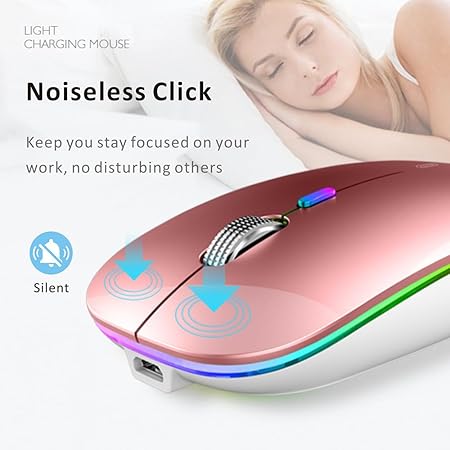 Uiosmuph LED Wireless Mouse, G12 Slim Rechargeable Silent 2.4G Portable Optical Wireless Computer Mice with USB Receiver and Type C Adapter (Rose Gold)