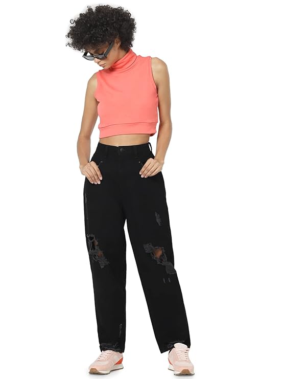 ONLY Women High Rise Mom-Fit Distressed Jeans | Baggy Fit Jeans for Women