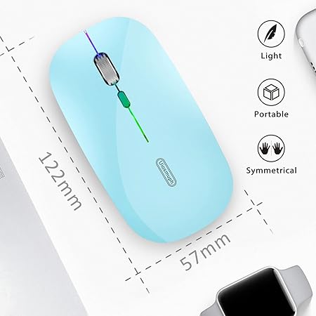 Uiosmuph LED Wireless Silent Mouse, G12 Slim Rechargeable, 2.4G Portable USB Optical Computer Mice with USB Receiver and Type C Adapter (Blue)
