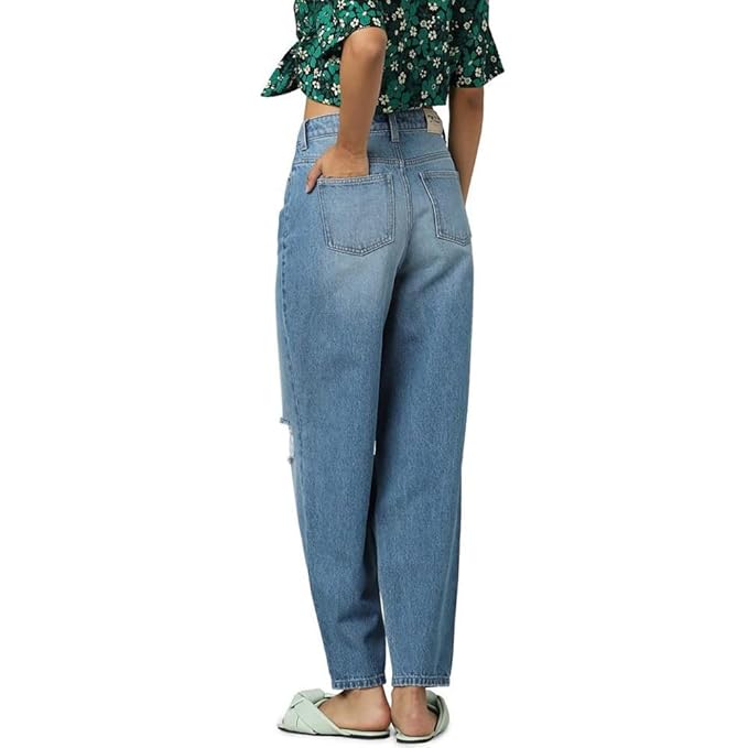 ONLY Women High Rise Relaxed Fit Highly Distressed|Light Fade Jeans