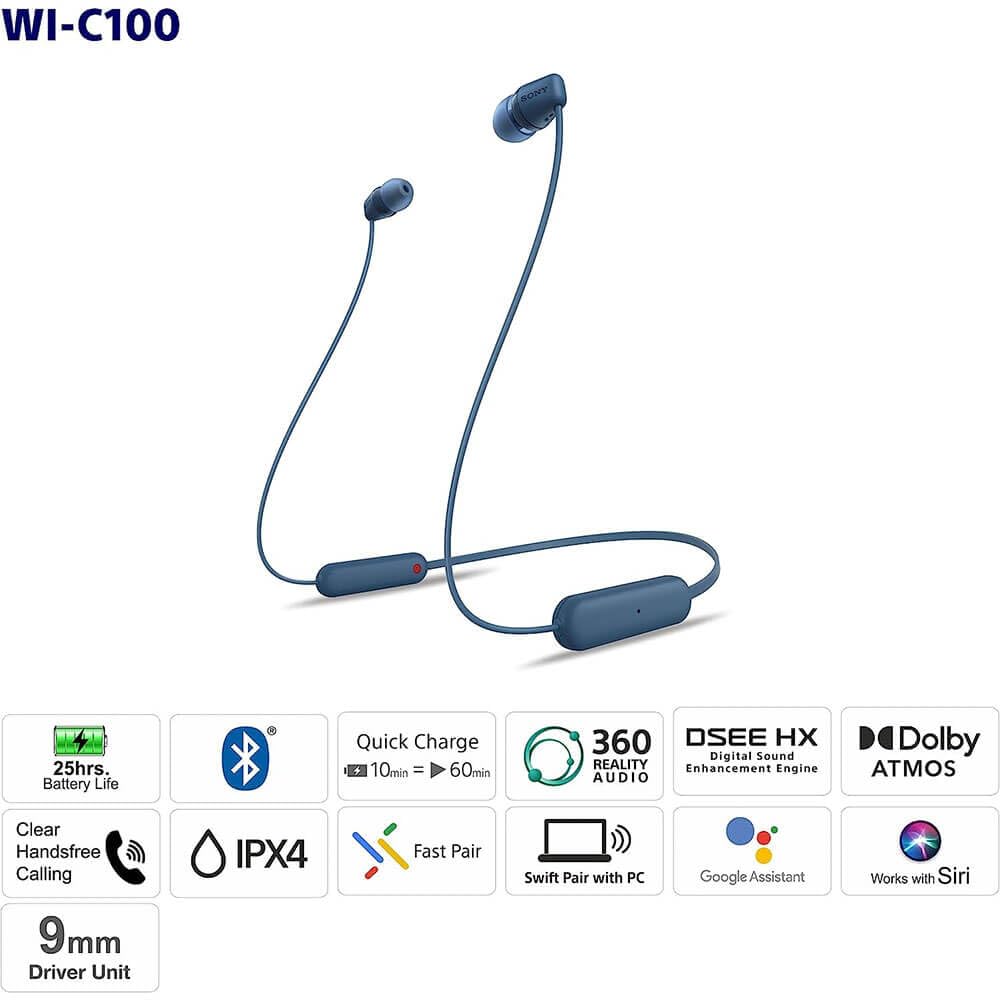 Sony WI-C100 Wireless Headphones with Customizable Equalizer for Deep Bass & 25 Hrs Battery (4 color options)