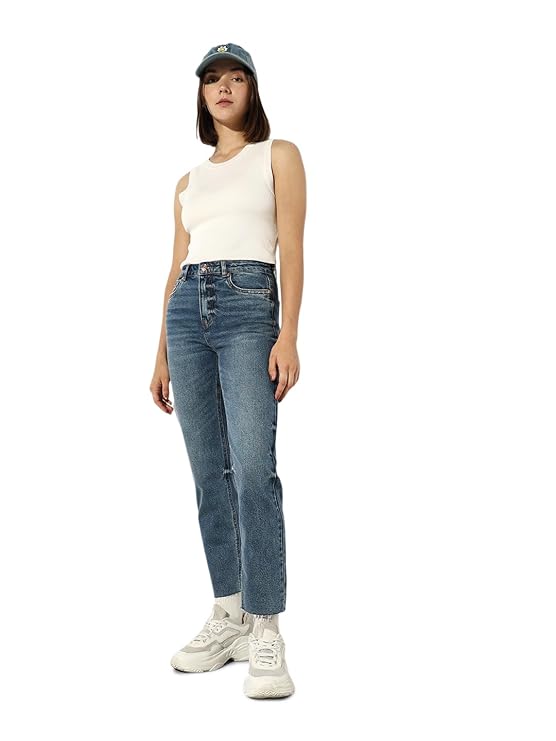 ONLY Women's Straight Fit High Rise Faded Jeans | Mom Jeans for Women