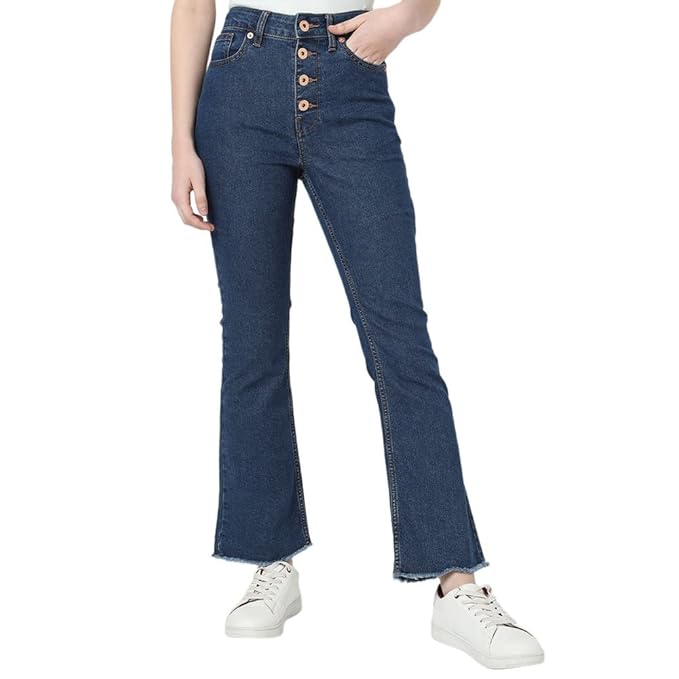 VERO MODA Solid Cotton Blend Bootcut Fit High Rise Women's Jeans