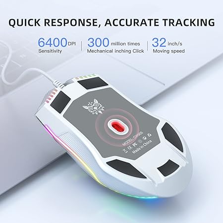PHNIXGAM Wired Gaming Mouse, Ergonomic RGB Computer Mouse with RGB Backlight, Adjustable DPI UP to 6400, 7 Programmable Buttons for Windows Vista Linux (White)