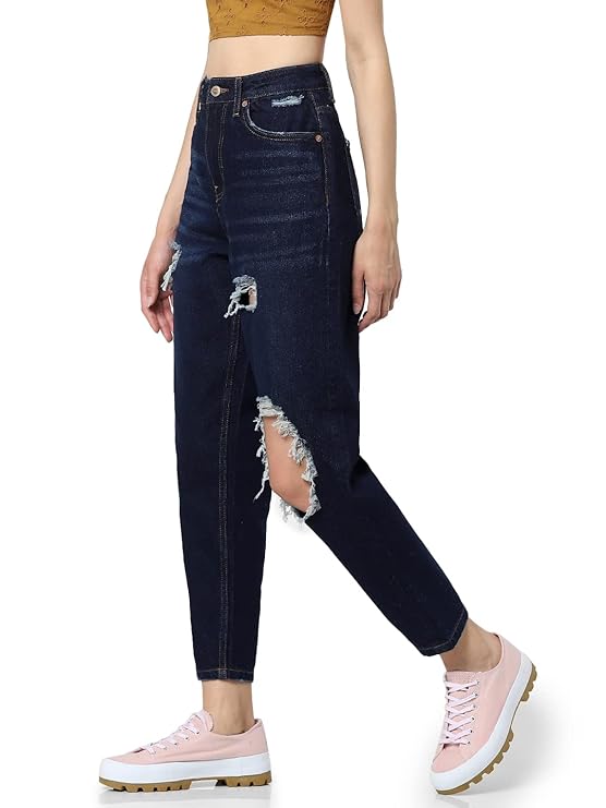 ONLY Women's Mom Fit High Rise Distressed Jeans