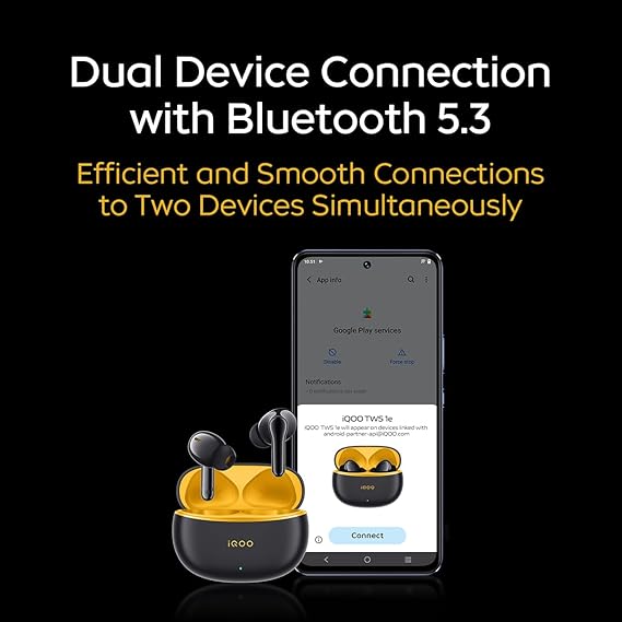 iQOO TWS 1e in-Ear Earbuds with Mic, Upto 30dB Active Noise Cancellation, Fast Charging which Takes 10 mins for 3 Hours Playtime (Flame Yellow)
