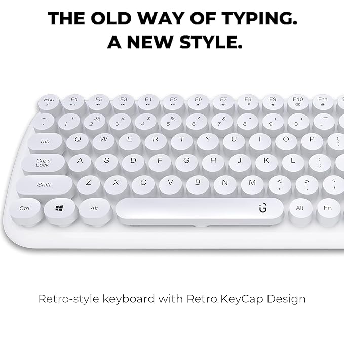iGear KeyBee Retro Typewriter Inspired 2.4GHz Wireless Keyboard with Mouse Combo for Desktop/Laptop and Devices with USB Support, Single Nano Receiver, Round Keycaps, Cleaning Brush (White) (White)