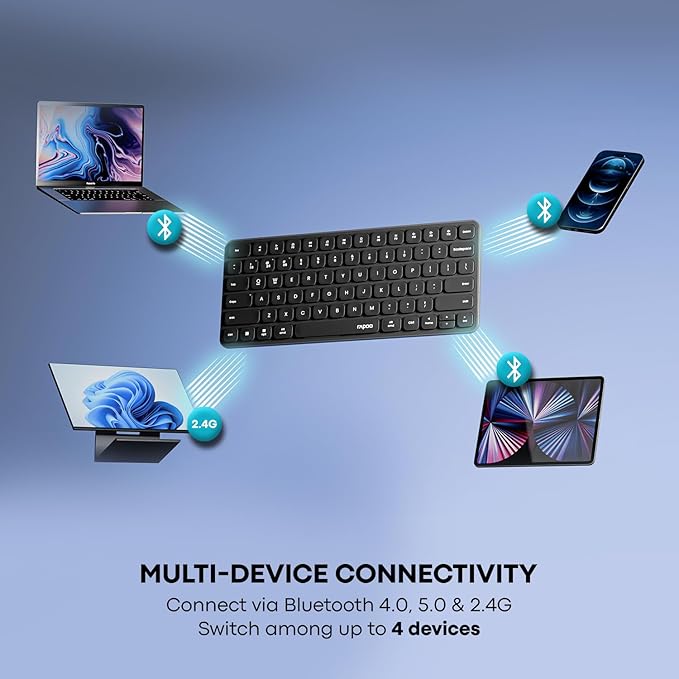 Rapoo E9050L Bluetooth Wireless Multi-Device Keyboard(4 Devices), Rechargeable, Led Indicators, Ultra-Thin, Ergonomic, Compatible with Windows, iOS, Android, Tab, Smartphones -Grey