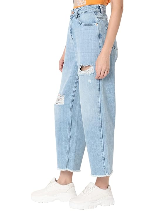 VERO MODA Women Cotton Wide Leg High-Rise Mildly Distressed Heavy Fade Cropped Jeans