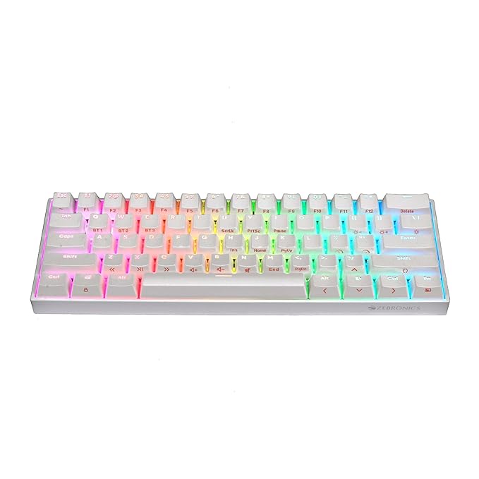 ZEBRONICS Zeb-MAX NINJA 61 keys wireless mechanical keyboard with 3 Bluetooth connections, 2.4GHz Nano receiver, Type C wired mode, RGB backlit, built-in rechargeable battery and N-key rollover(White)