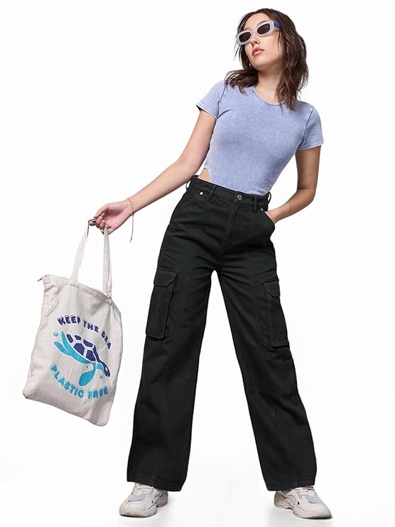 Bewakoof Womens High Rise 100% Cotton Solid Straight Fit Jeans|Straight Fit Jeans – Regular Fit | Classic Denim Pants | Everyday Casual