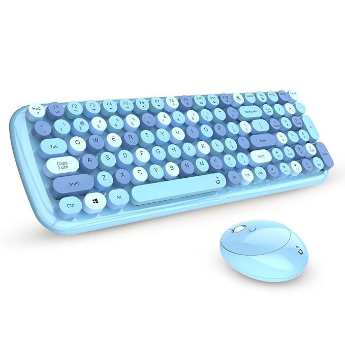 iGear KeyBee Retro Typewriter Inspired 2.4GHz Wireless Keyboard with Mouse Combo for Desktop/Laptop and Devices with USB Support, Single Nano Receiver, Round Keycaps, Cleaning Brush (White) (Blue)