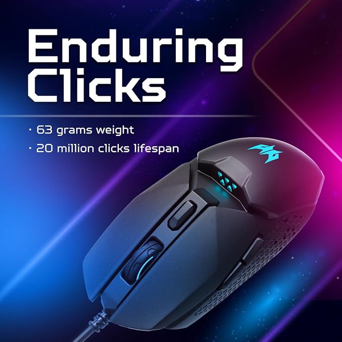 Acer Predator Cestus 327 Multi-Grip Design Wired Gaming Mouse (8000 DPI/150 IPS/6 Buttons/5-level DPI Settings with 5 LED Color/ELAN OM36 Sensor/1000Hz Polling Rate) with 20M Click Lifespan, Black