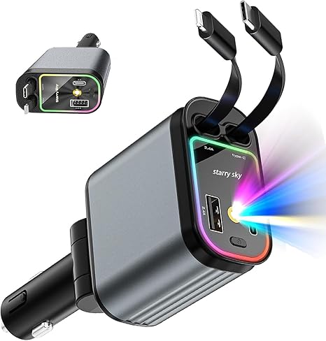 PROODOS Retractable Car Charger with Starlight Projection on Car Roof | Car Accessories Super Fast Car Charger 4 in 1