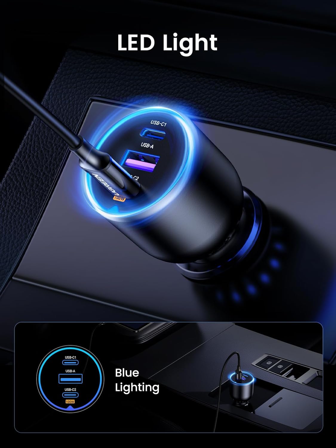 UGREEN 130W Laptop USB C Car Charger Fast Charging, 3 Ports Cigarette Lighter Adapter, PD3.0/QC4.0/PPS 45W (Black)