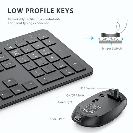 iClever GK08 Wireless Keyboard and Mouse Set, Rechargeable Wireless Keyboard Ergonomic Full Size Design with Number Pad, 2.4G Stable Connection for Windows, Mac OS Computer, Black