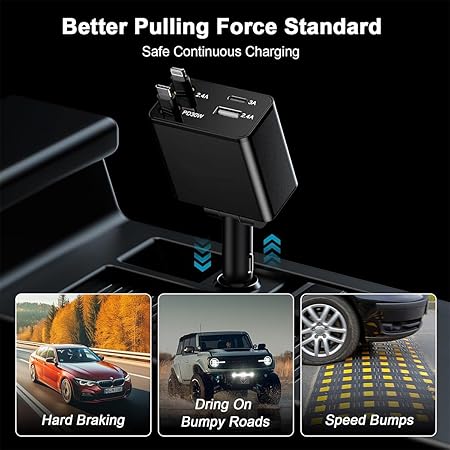 AMPERE 120W Retractable Car Charger - 4 in 1 Fast Car Charger with USB-C & Lightning Cables & Dual USB Ports (Type-C PD & USB-A)
