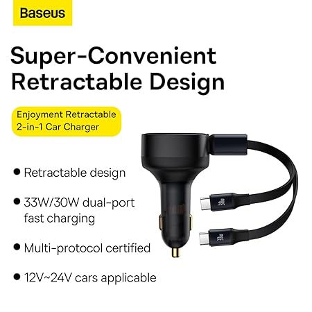 USB C Car Charger, Baseus Retractable Type C Car Charger 2-in-1 Car Charger 33W, Fast Car Charger Adapter