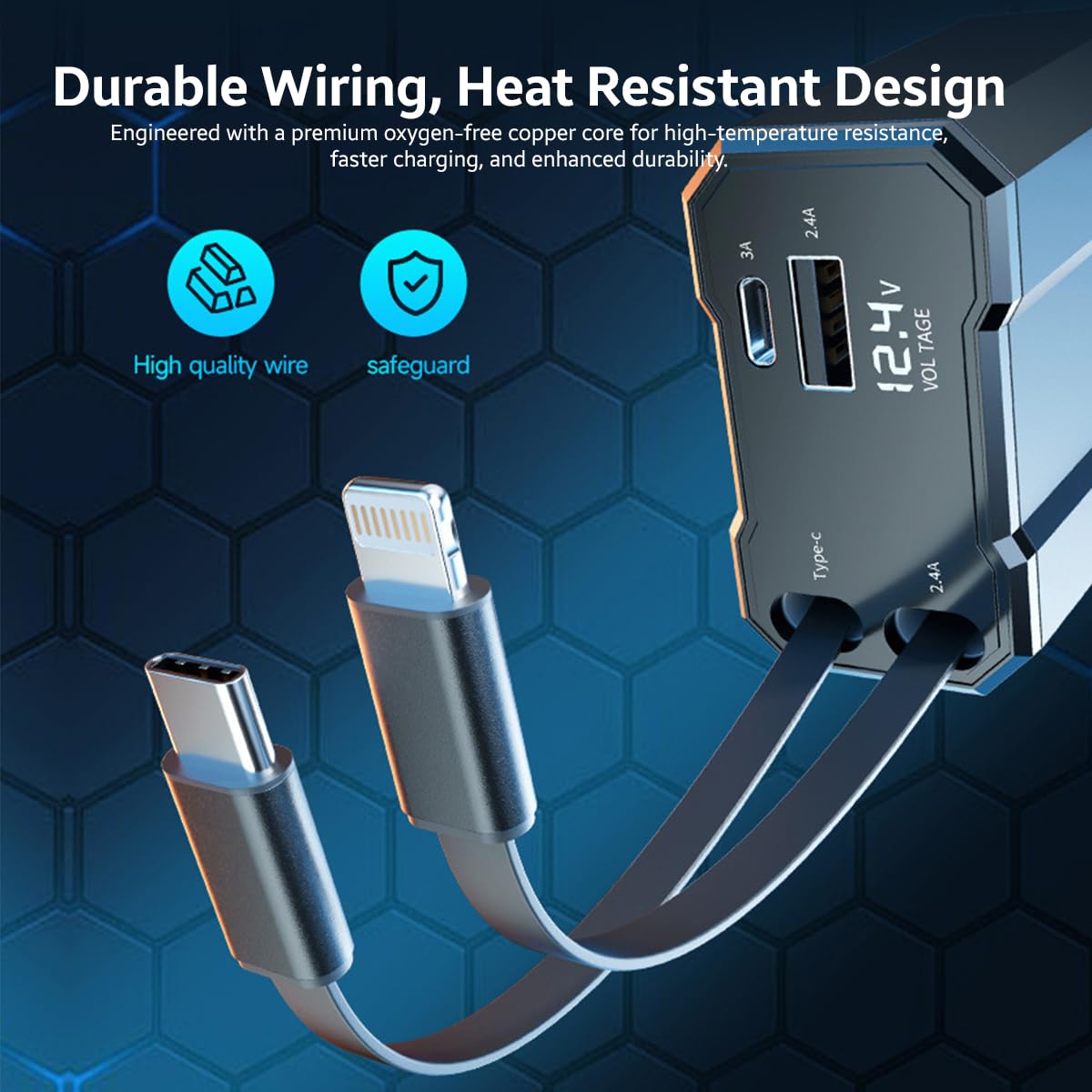 AMPERE 93W Retractable Car Charger - 4 in 1 Fast Car Charger with USB-C & Lightning Cables & Dual USB Ports (Type-C PD & USB-A)