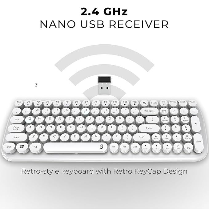 iGear KeyBee Retro Typewriter Inspired 2.4GHz Wireless Keyboard with Mouse Combo for Desktop/Laptop and Devices with USB Support, Single Nano Receiver, Round Keycaps, Cleaning Brush (White) (White)
