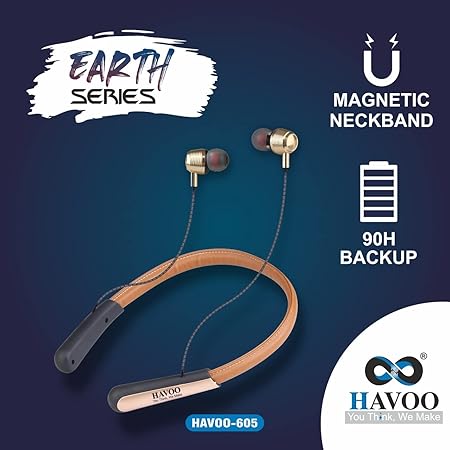 HAVOO EARTH 605 Wireless Bluetooth Leather Belt Headphones with Bass Sound [Lightweight Neckband, up to 90 Hrs Playback time.