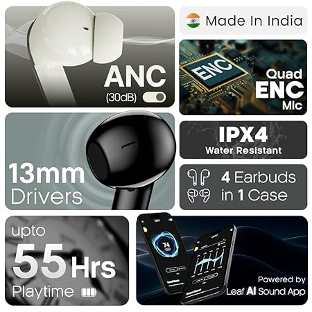 Leaf Buds X714 True Wireless 4 in 1 Earbuds with ANC, AI Sound App, 70H Playtime, Active Noise Cancellation (30dB) - (2 Color options)