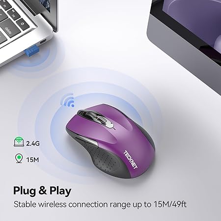 Tecknet M003 2.4G Ergonomic Wireless Mobile Optical Mouse with USB Nano Receiver (Purple)