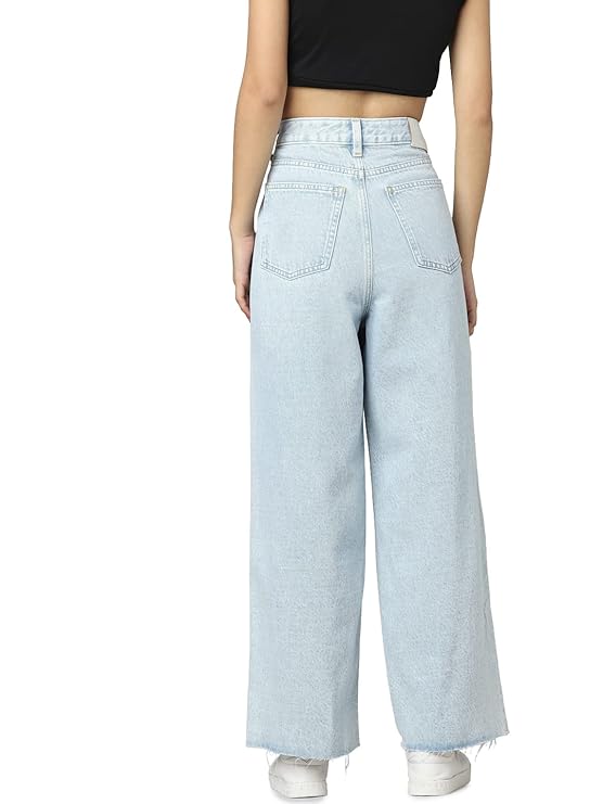 ONLY Women High-Rise Clean Look Heavy Fade Wide Leg Cotton Jeans