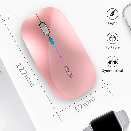 Uiosmuph LED Wireless Mouse, G12 Slim Rechargeable Silent 2.4G Portable Optical Wireless Computer Mice with USB Receiver and Type C Adapter (Rose Gold)