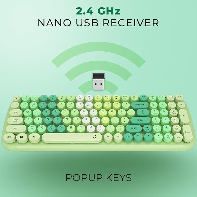 iGear KeyBee Retro Typewriter Inspired 2.4GHz Wireless Keyboard with Mouse Combo for Desktop/Laptop and Devices with USB Support, Single Nano Receiver, Round Keycaps, Cleaning Brush (White) (Green)