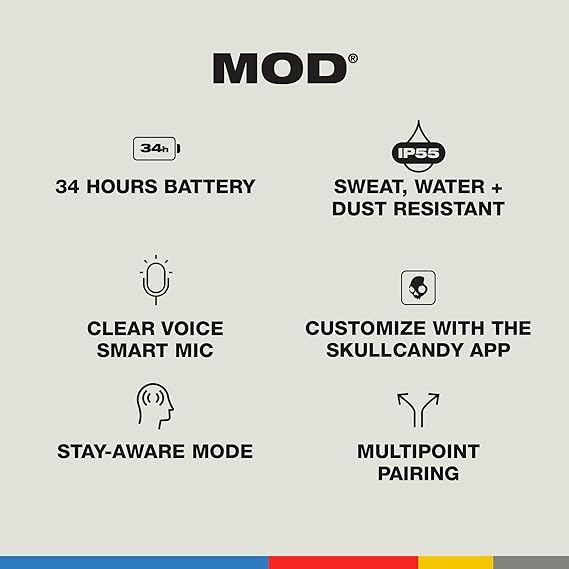 Skullcandy Mod in-Ear Wireless Earbuds, 34 Hr Battery, Microphone, Works with iPhone Android and Bluetooth Devices (2 Color options)