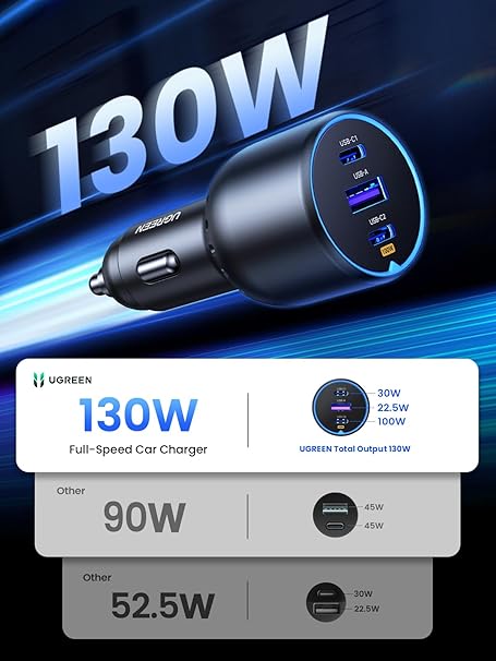 UGREEN 130W Laptop USB C Car Charger Fast Charging, 3 Ports Cigarette Lighter Adapter, PD3.0/QC4.0/PPS 45W (Black)