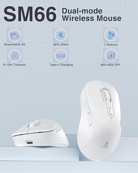 SOLAKAKA SM66 White Silent Dual Mode 2.4GHz Wireless Mouse, Adjustable 4800 DPI, Rechargeable Computer Mouse for PC, Mac, Laptop, Desktop