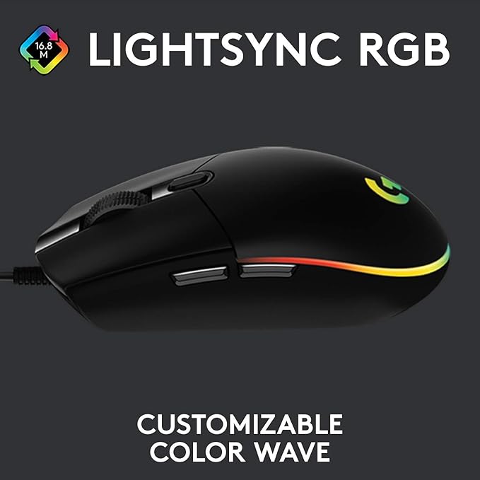 Logitech G102 USB Light Sync Gaming Mouse with Customizable RGB Lighting, 6 Programmable Buttons, Gaming Grade Sensor, 8K DPI Tracking, 16.8mn Color, Light Weight - Black