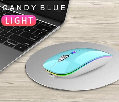 Uiosmuph LED Wireless Silent Mouse, G12 Slim Rechargeable, 2.4G Portable USB Optical Computer Mice with USB Receiver and Type C Adapter (Blue)
