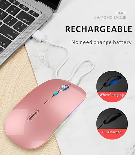 Uiosmuph LED Wireless Mouse, G12 Slim Rechargeable Silent 2.4G Portable Optical Wireless Computer Mice with USB Receiver and Type C Adapter (Rose Gold)