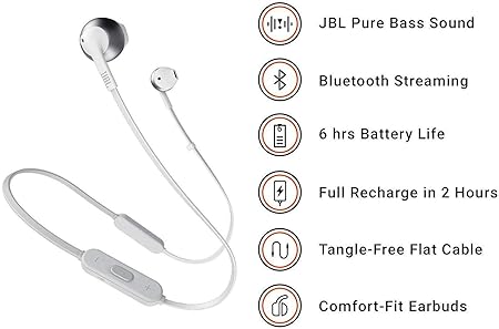 JBL Tune 205BT by Harman Wireless Earbud Headphones with Mic (White)