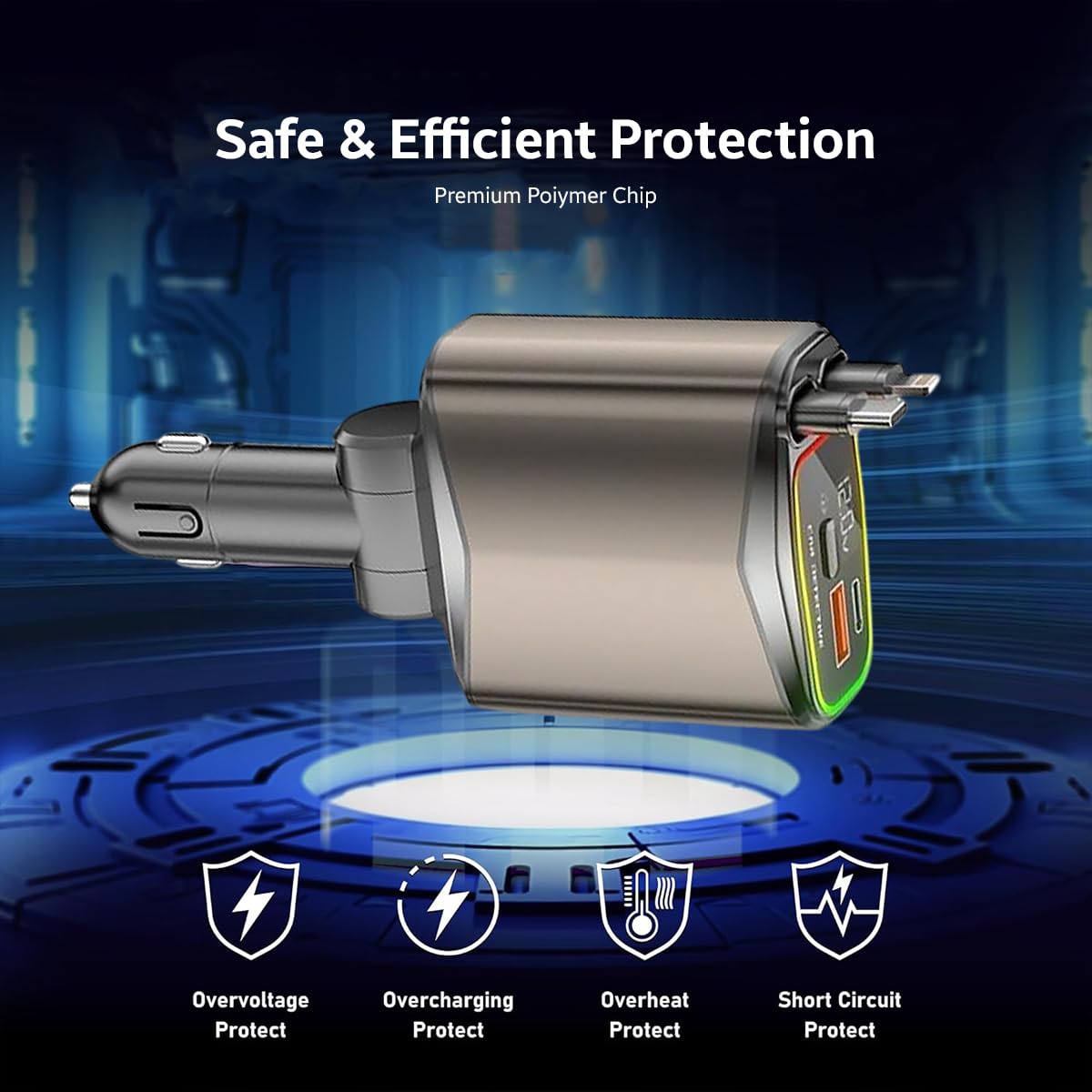 AMPERE 96W Retractable Car Charger - 4 in 1 Fast Car Charger with USB-C & Lightning Cables & Dual USB Ports (Type-C PD & USB-A)
