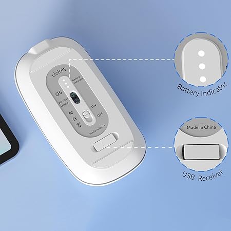 Q5 Slim Rechargeable Wireless Mouse, 2.4G Portable Optical Silent Ultra Thin Wireless Computer Mouse with USB Receiver and Type C Adapter, Compatible with PC, Laptop, Notebook, Desktop White