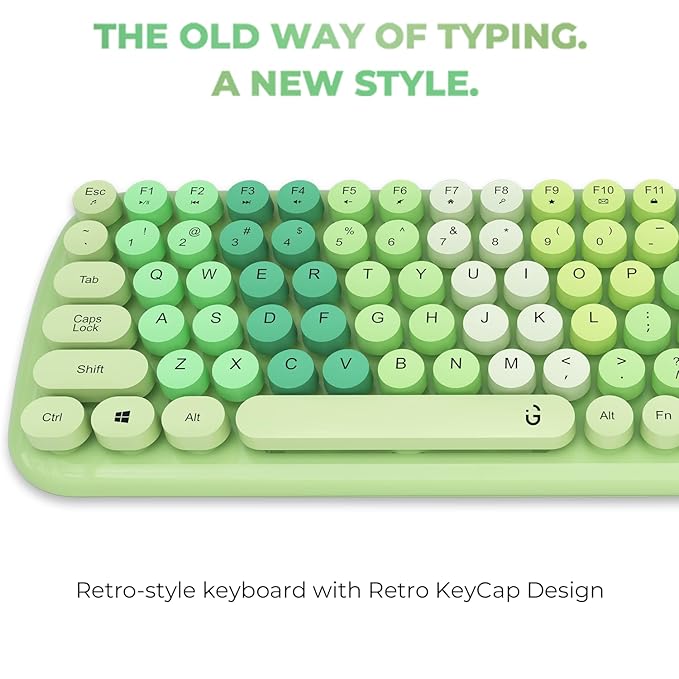iGear KeyBee Retro Typewriter Inspired 2.4GHz Wireless Keyboard with Mouse Combo for Desktop/Laptop and Devices with USB Support, Single Nano Receiver, Round Keycaps, Cleaning Brush (White) (Green)